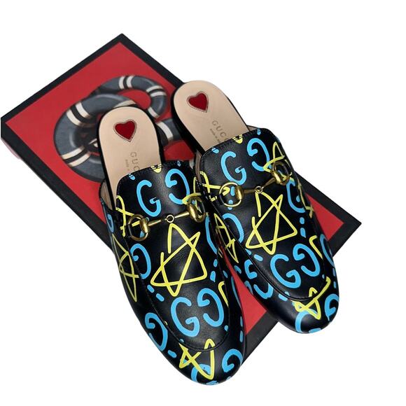 Gucci Horse Bit Princetown Mules in Graffiti/Ghost Print Size EU 37 Blue/Yellow - Picture 1 of 7